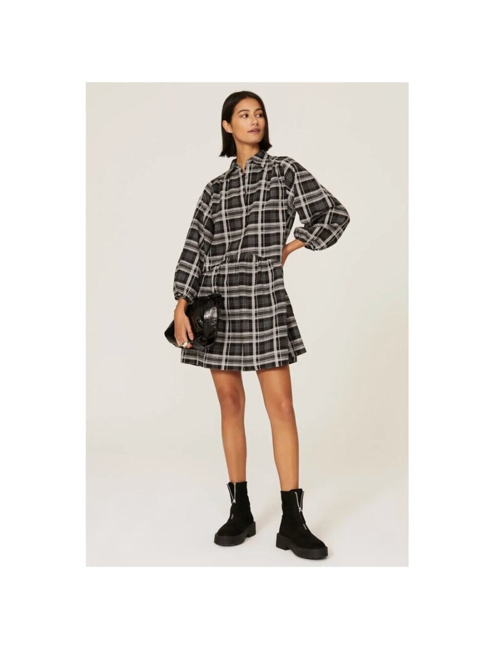 Club Monaco Black Plaid Puff Sleeve Shirt Dress